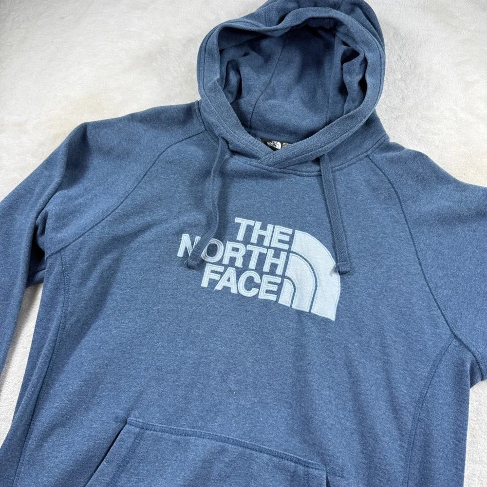 The North Face Mens Blue Heather Logo Pullover Hoodie Large Raglan Sleeve
